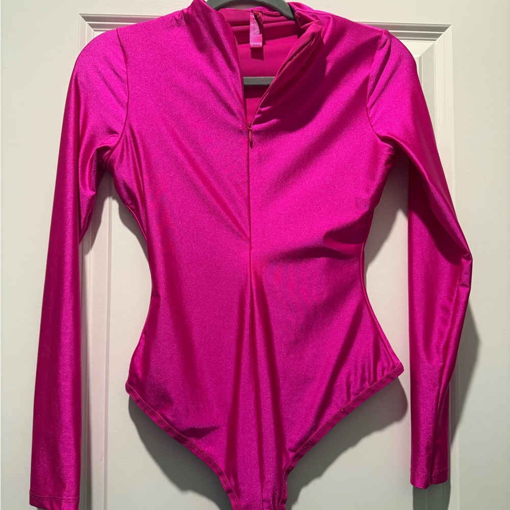 SKIMS Metallic Pink Long Sleeve Bodysuit